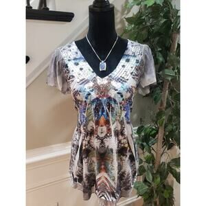 One World Live And Let Live Blouse Top Women Medium Multi Beaded Butterfly Print